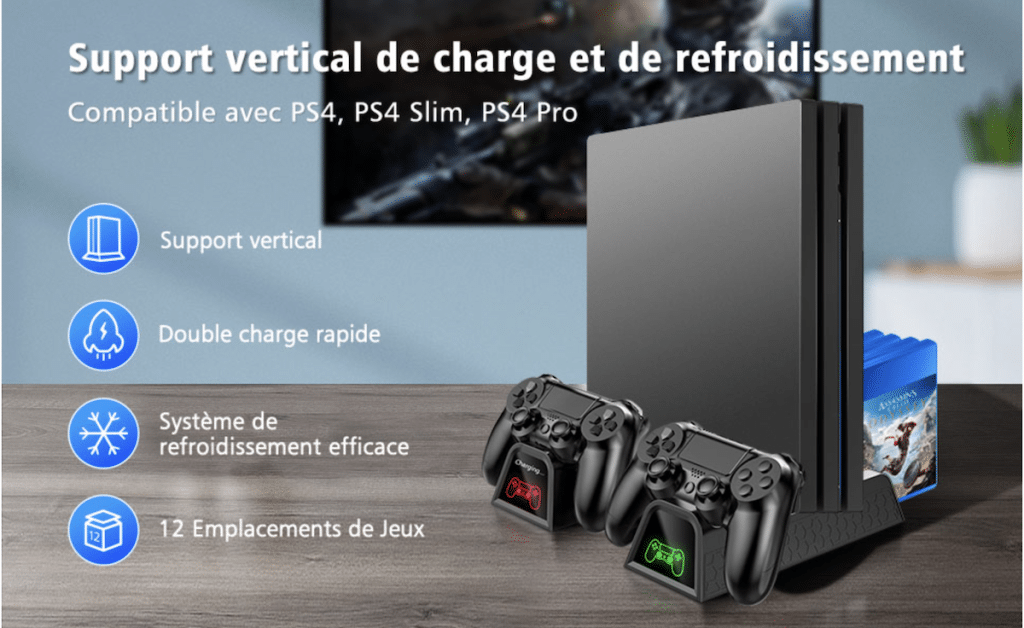 OIVO Support Ventilateur du Refroidissement pour PS4/PS4 Pro/PS4 Slim,  Support Manette PS4 avec Indicateurs a LED, Station de Recharge avec  Stockage