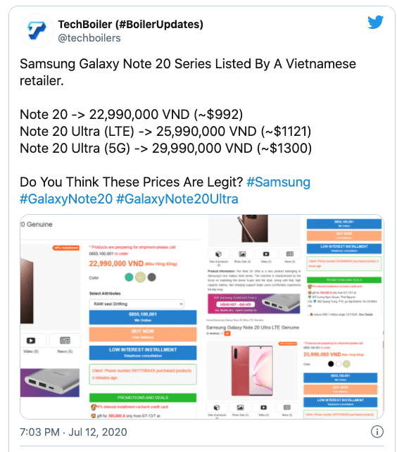 Prix ​​du Samsung Galaxy Note 20 Series Déclaré Par Un Détaillant