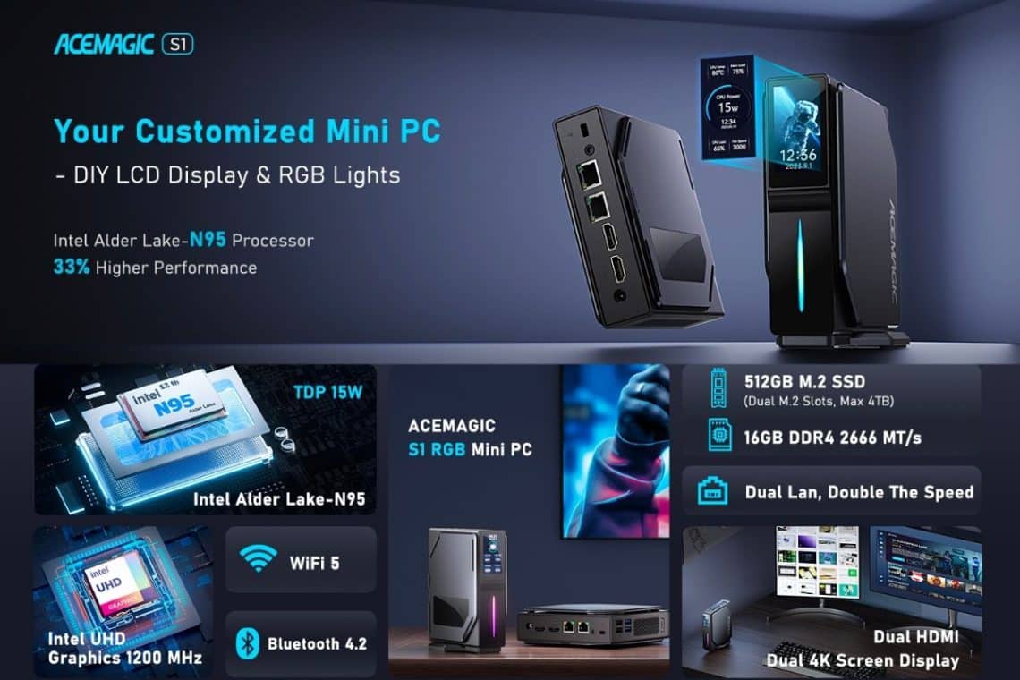 acemagic s1 mini pc avec écran lcd,