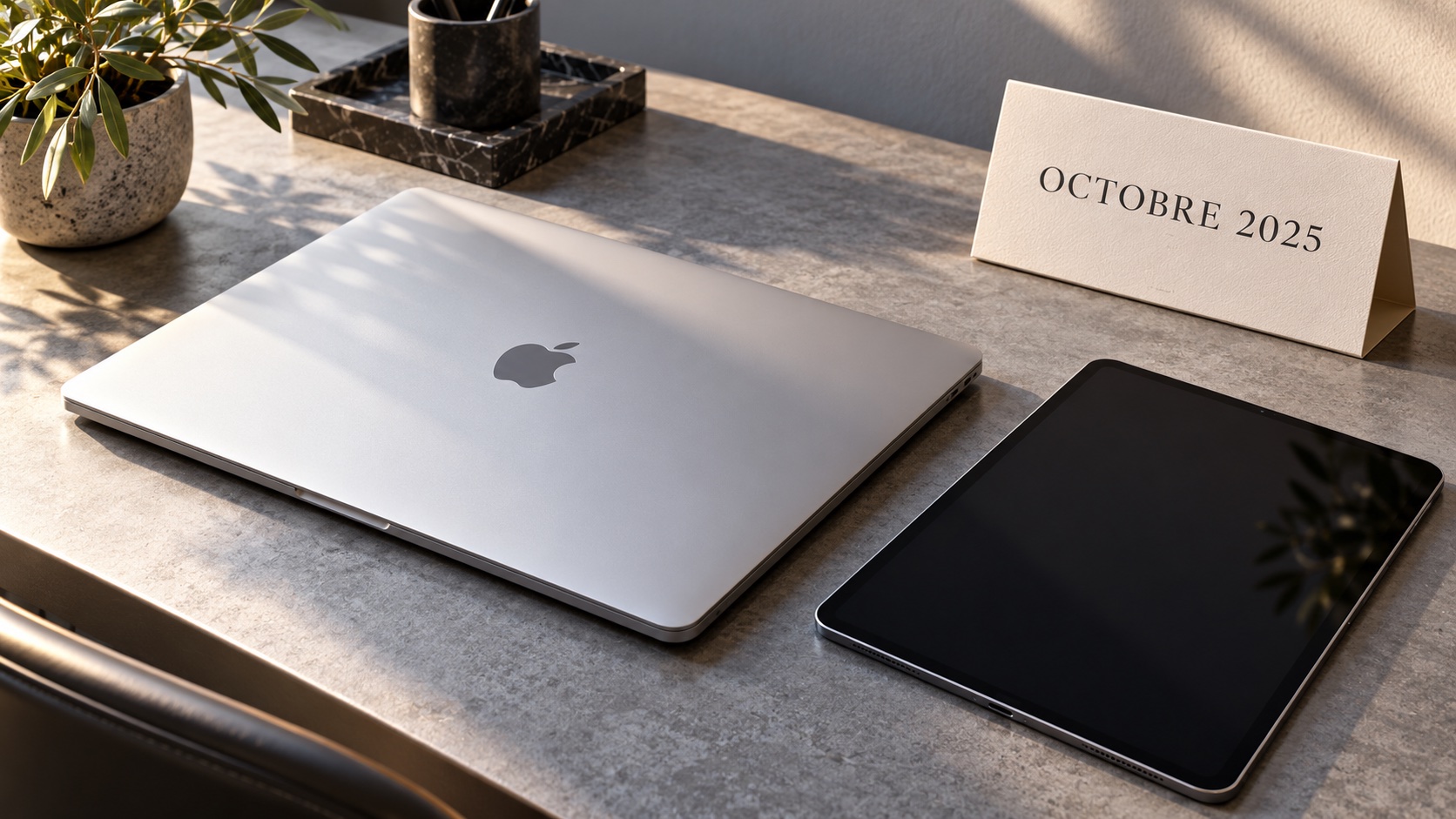 Ordinateur portable et tablette sur un bureau, calendrier octobre 2025