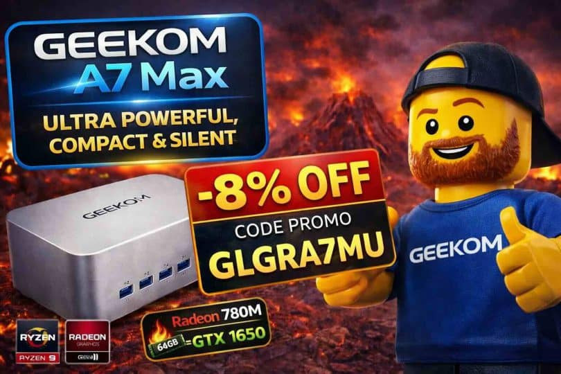 code promo exclusif 8 % sur le geekom a7 max, le mini pc ryzen 9 ultra compact et performant jtgeek