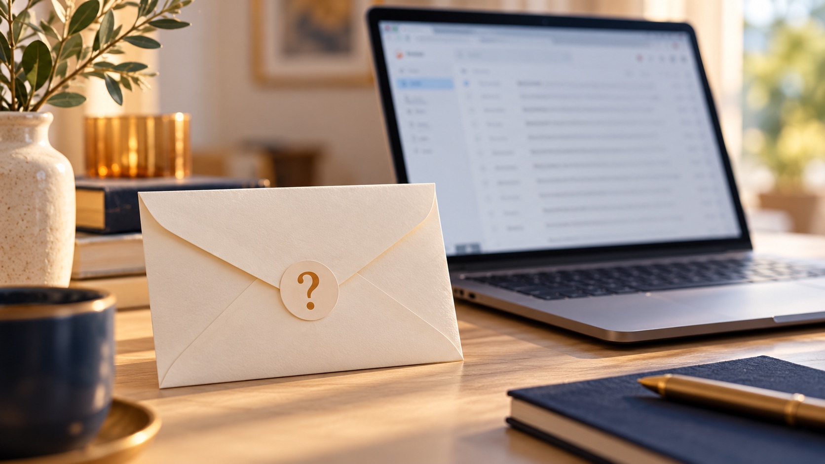 Enveloppe avec un point d’interrogation devant un ordinateur