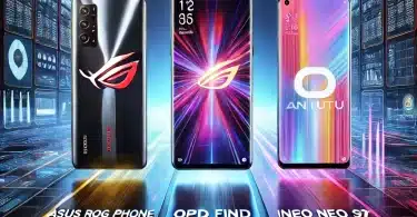 dall·e 2024 07 01 22.40.19 a sleek and modern image showcasing the top three smartphones of june 2024 according to antutu rankings. the image should feature the asus rog phone 8