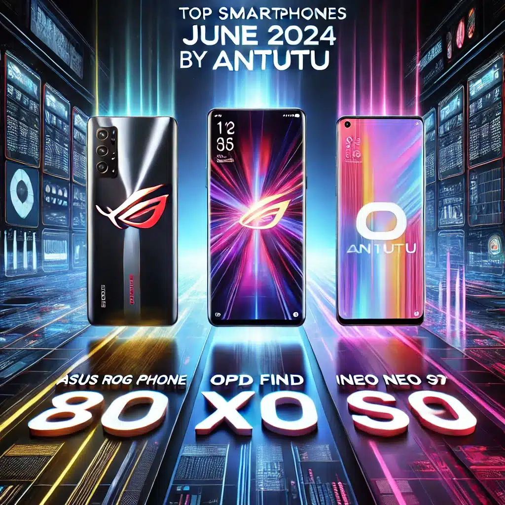 dall·e 2024 07 01 22.40.19 a sleek and modern image showcasing the top three smartphones of june 2024 according to antutu rankings. the image should feature the asus rog phone 8