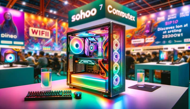 découverte du stand sohoo au computex 2024 tours pc transparentes et alimentations rgb