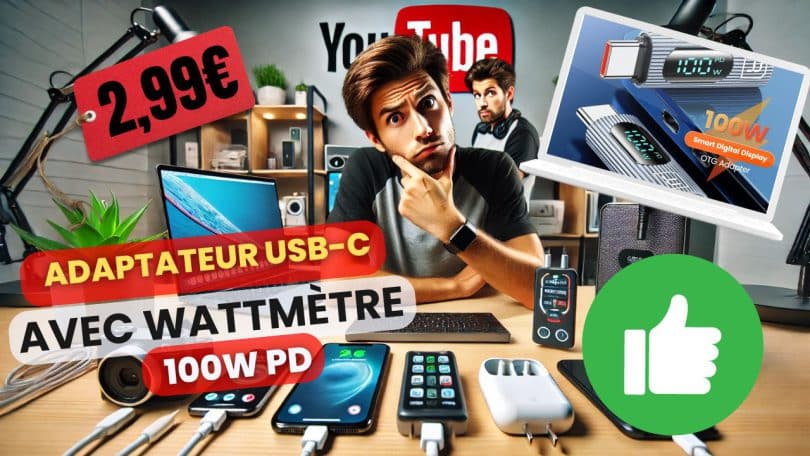 découvrez l'adaptateur usb c avec wattmètre 100w à 2,99€,charge et surveillance en direct!