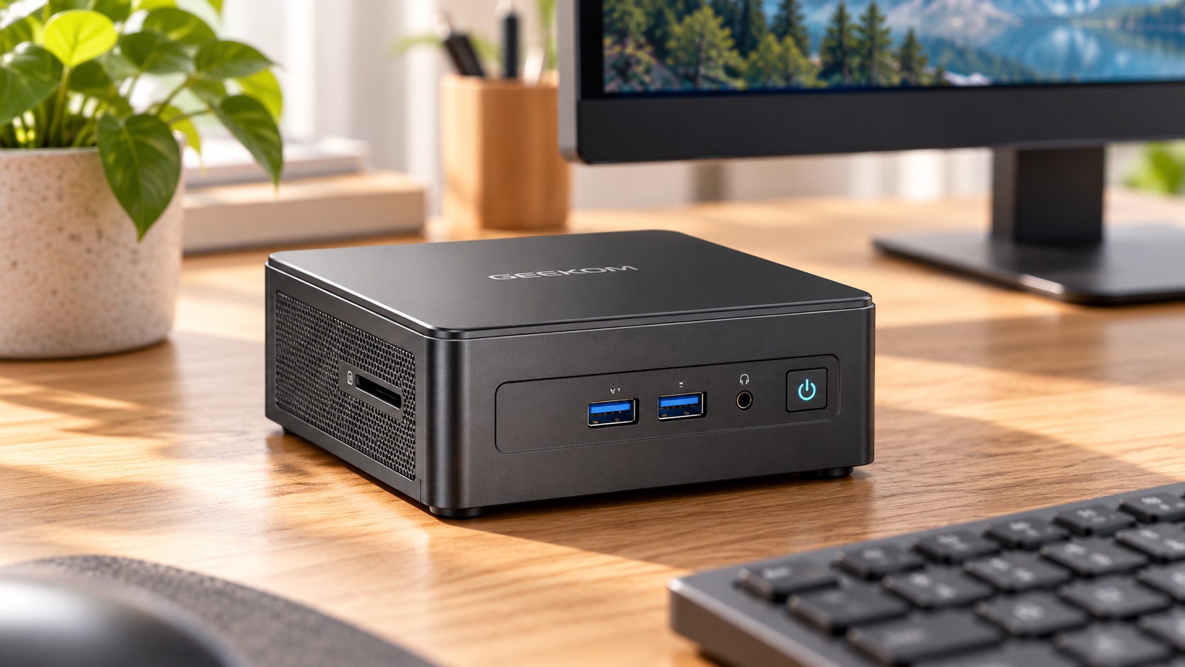 Mini PC GEEKOM IT15 sur un bureau en bois