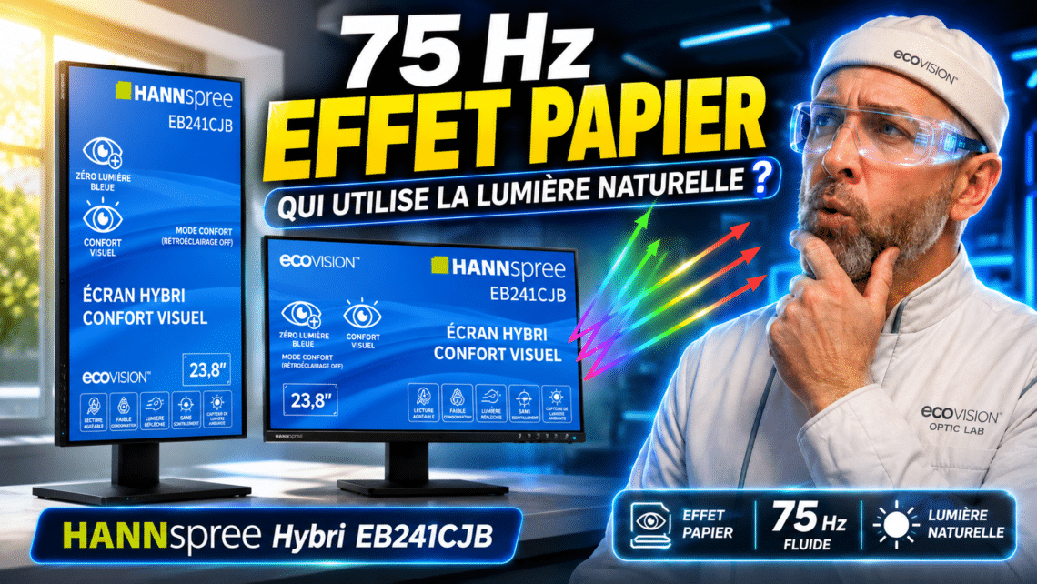 hannspree hybri eb241cjb , l’écran 75 hz effet papier qui utilise la lumière naturelle