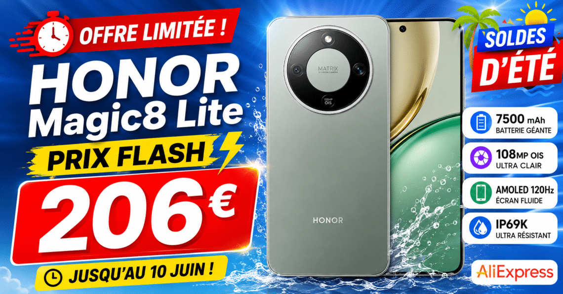 honor magic8 lite à 206€ le bon plan aliexpress avec batterie 7500 mah et écran amoled 120hz