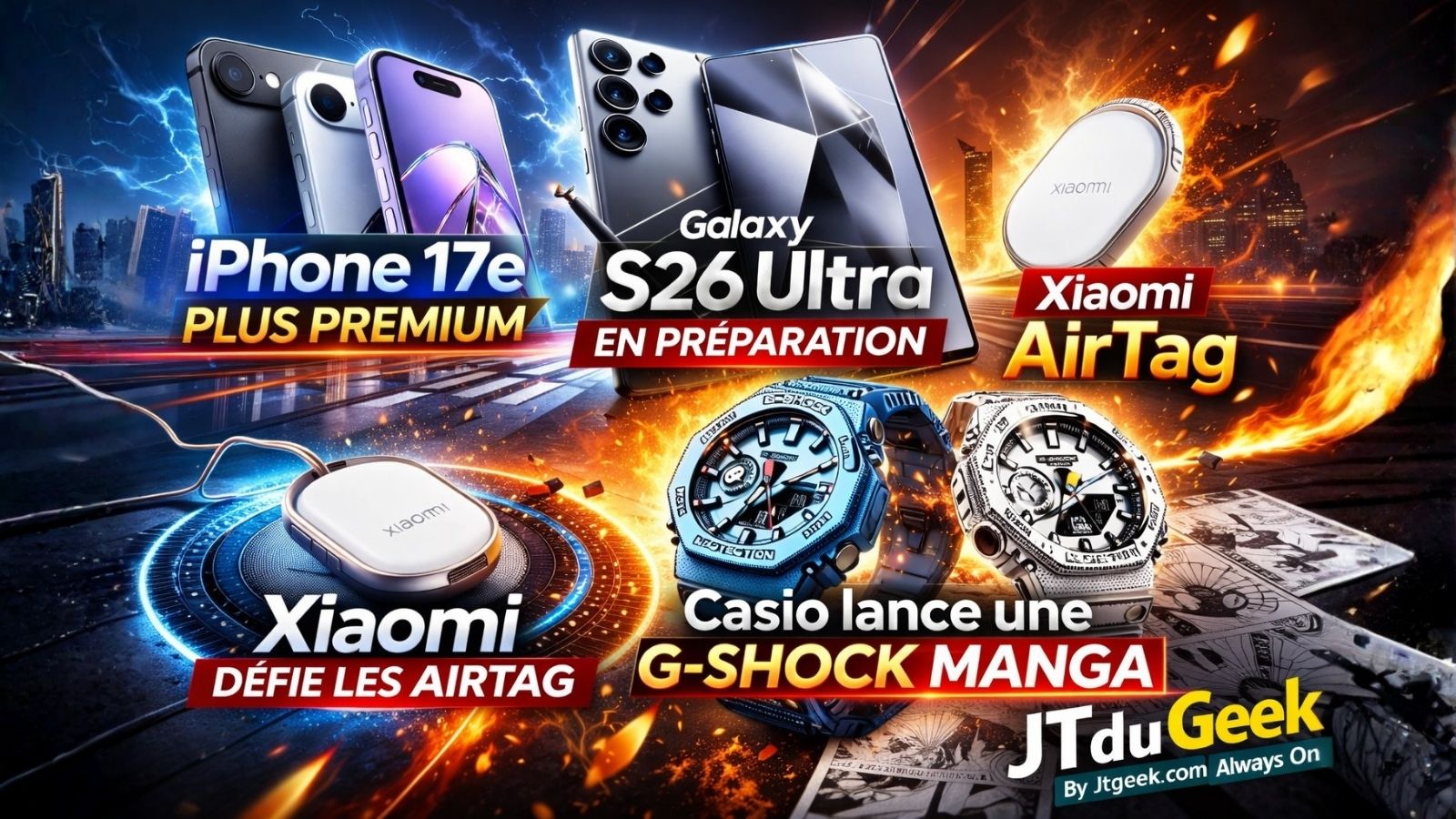 iphone 17e plus premium, galaxy s26 ultra en préparation, xiaomi défie les airtag et casio lance une g shock manga