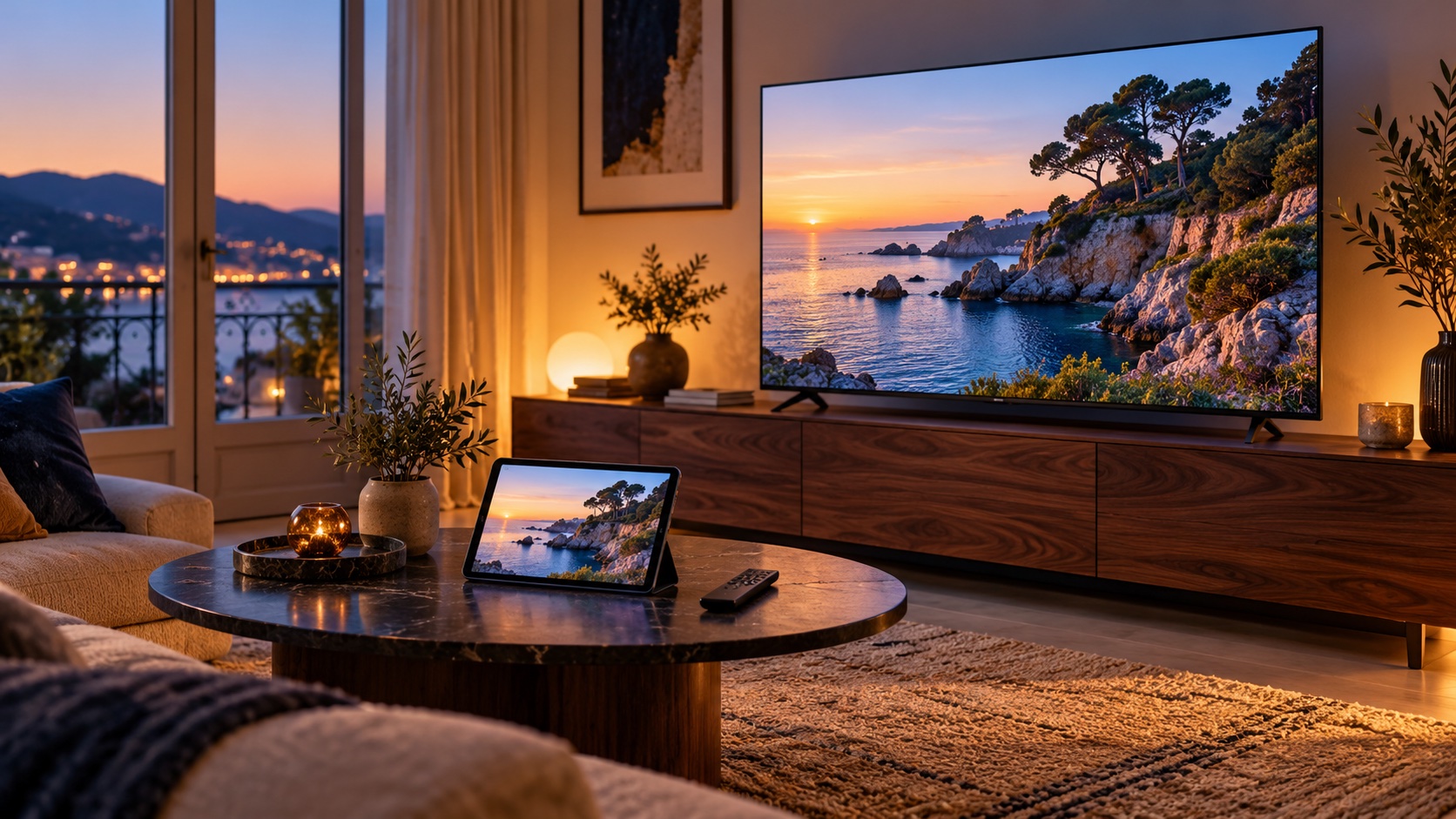 Télévision et tablette affichant le même programme dans un salon