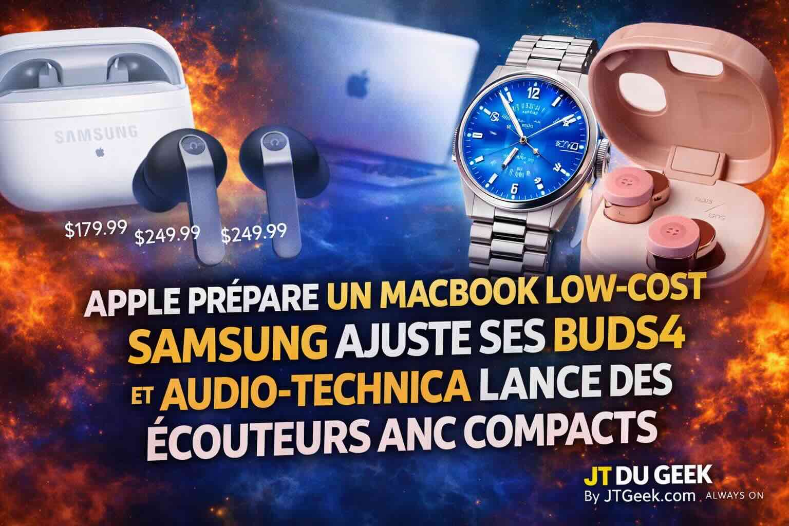 jt du geek apple prépare un macbook low cost, samsung ajuste ses buds4 et audio technica lance des écouteurs anc compacts jtgeek