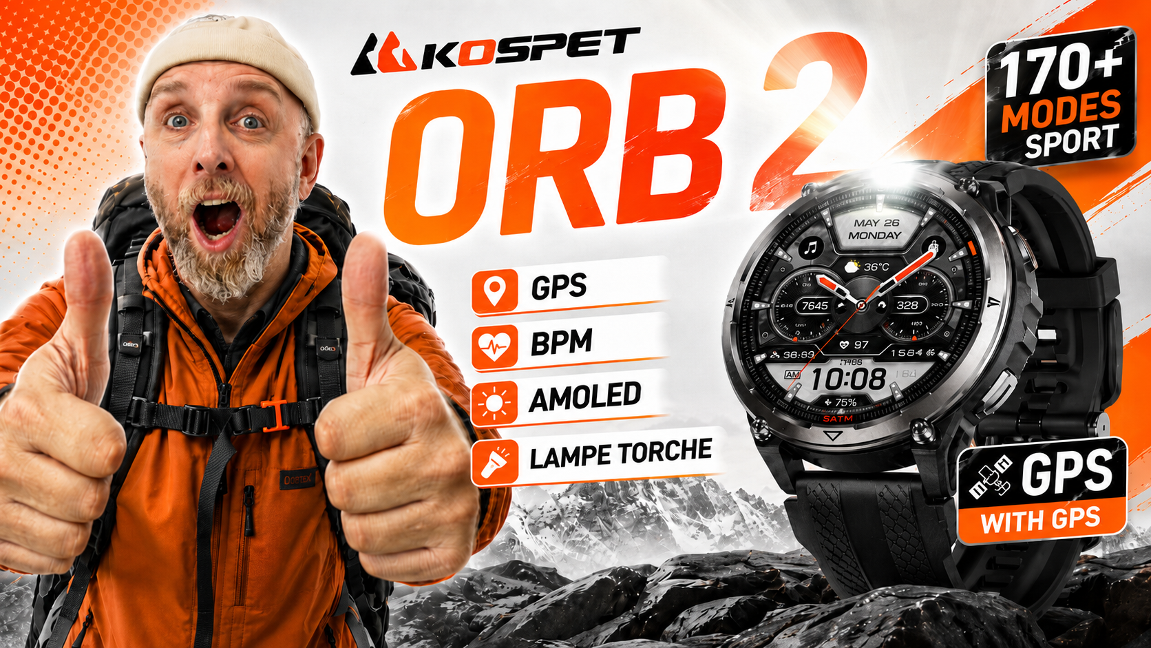 kospet orb 2, la montre amoled robuste avec gps, bpm, spo₂ et lampe torche à 69€
