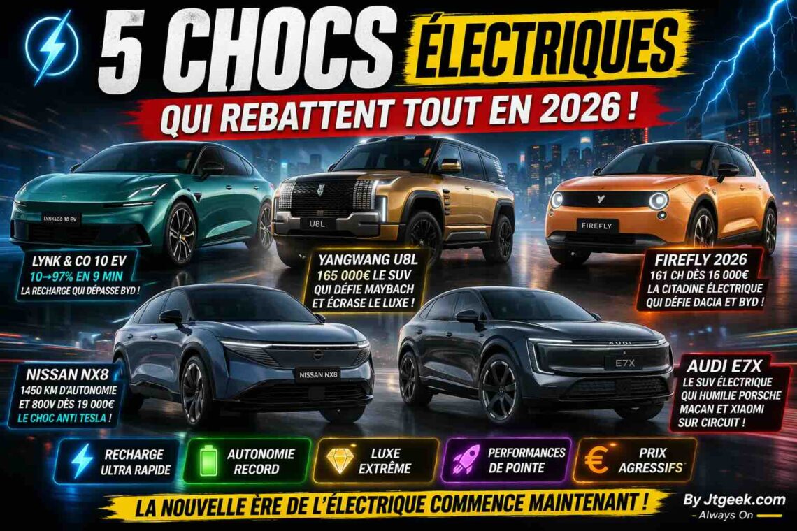 lynk & co 10 ev, yangwang u8l, firefly 2026, nissan nx8, audi e7x 5 chocs électriques qui rebattent les cartes en 2026