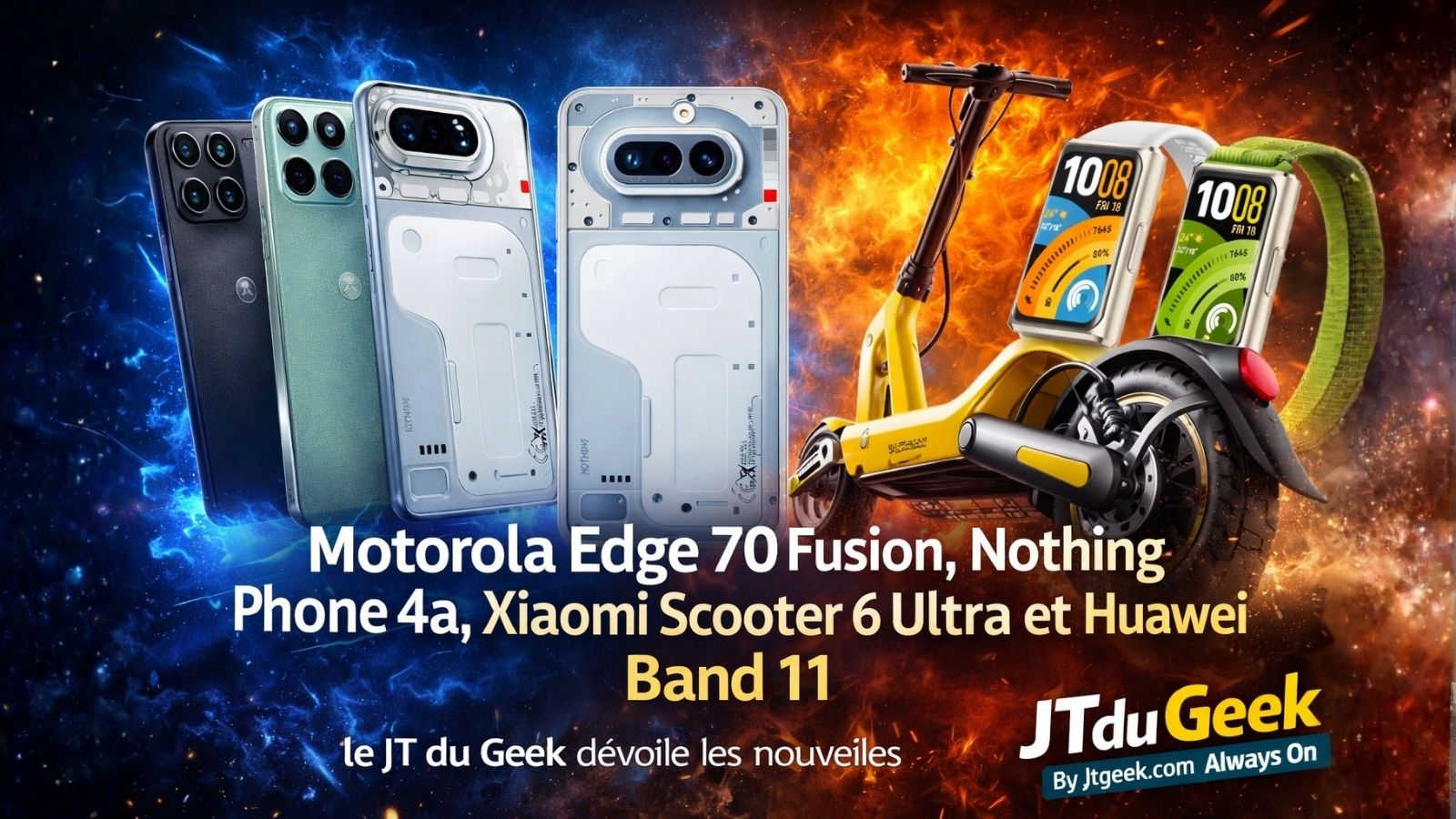 motorola edge 70 fusion, nothing phone 4a, xiaomi scooter 6 ultra et huawei band 11 youtube