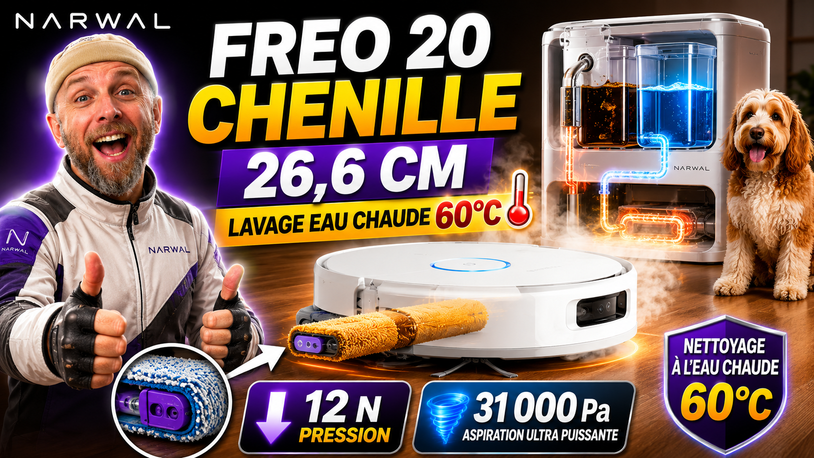 narwal freo 20, le robot aspirateur laveur à serpillière chenille 26,6 cm qui lave à 60°c ! by glg