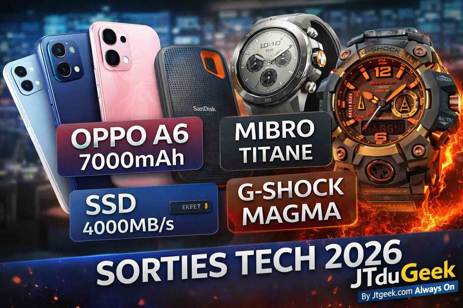 oppo a6 et sa batterie 7 000 mah, mibro en titane, nouveaux ssd sandisk et g shock “magma” les sorties tech qui visent juste jtgeek