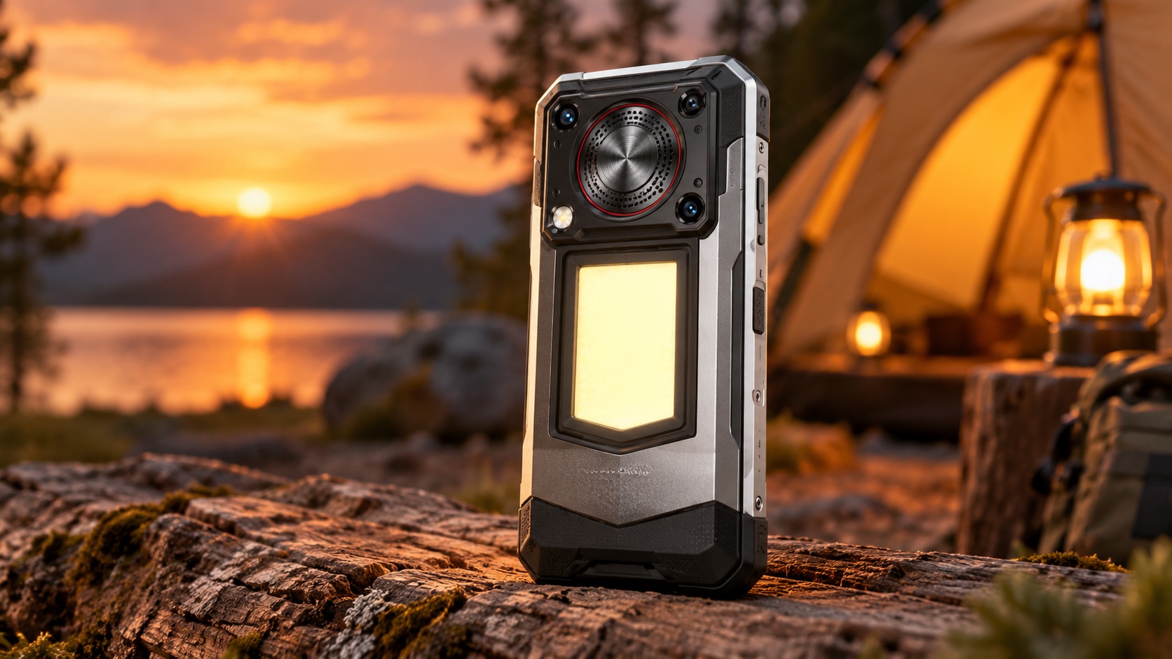 Dos du Oukitel WP56 avec sa lampe de camping allumée