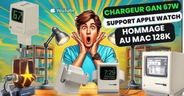 un chargeur gan 67w et un support apple watch qui rendent hommage au mac 128k,nostalgie et innovation.