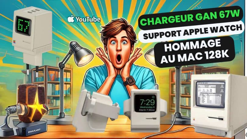 un chargeur gan 67w et un support apple watch qui rendent hommage au mac 128k,nostalgie et innovation.